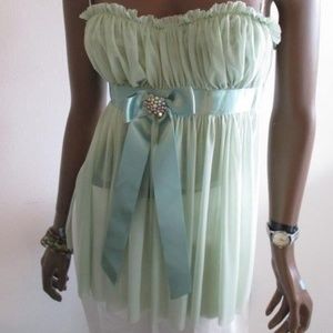 Green Sheer Babydoll with Satin Bow Tank Top/Cami